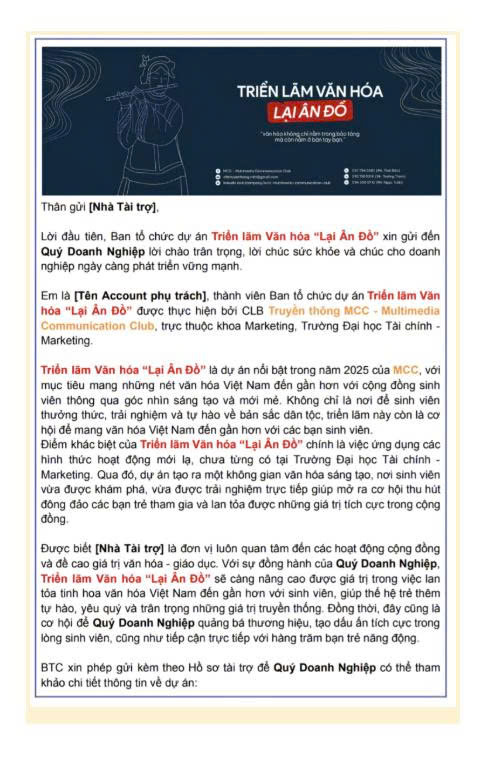 Thư ngỏ vận động tài trợ cho triển lãm văn hóa Lại Ân Đồ.